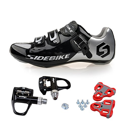 TXJ Rennradschuhe Fahrradschuhe Radsportschuhe mit Klickpedale EU Größe 46 Ft 29cm (SD-001 Silber / Schwarz)(pedale schwarz)