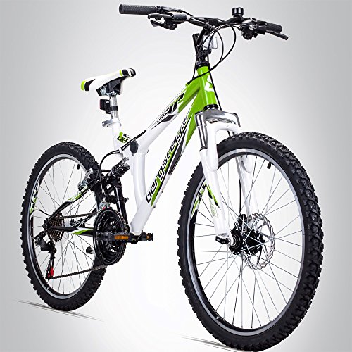 Bergsteiger Montreal 24 Zoll Mountainbike, vollgefedert, 18 Gang Shimano, Scheibenbremse, geeignet für 8 – 11 Jahre