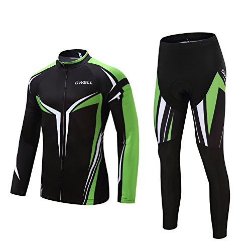 GWELL Herren Radtrikot Set Fahrrad Trikot Langarm + Radhose mit Sitzpolster grün L