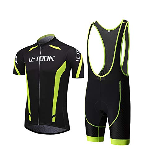 Letook Radtrikot Herren Set Kurz Fahrrad Trikot Kurzarm+Radhose mit Sitpolster(Trikot+Trägerhose,L)