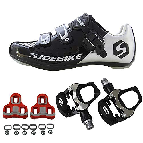 SIDEBIKE Fahrradschuhe für Erwachsene mit Pedalen & Pedalplatten, Verstellbare Rennradschuhe, Anti Vibrations Dämpfung Radfahren Schuhe mit Atmungsaktiven Nylon Mesh (44, Schwarz)