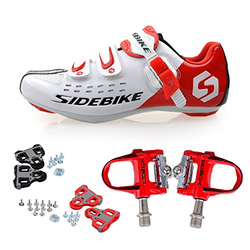 TXJ Rennradschuhe Fahrradschuhe Radsportschuhe mit Klickpedale EU Größe 44 Ft 27.5cm (SD-001 Weiß/Rot)(pedale rot)