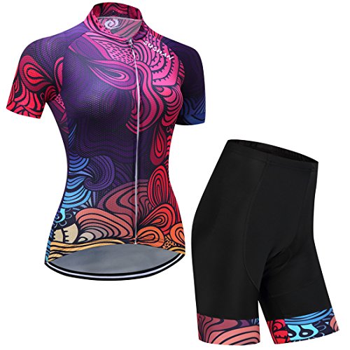 GWELL Damen Blumen Radtrikot Fahrradbekleidung Set Trikot Kurzarm + Radhose mit Sitzpolster Violett XL