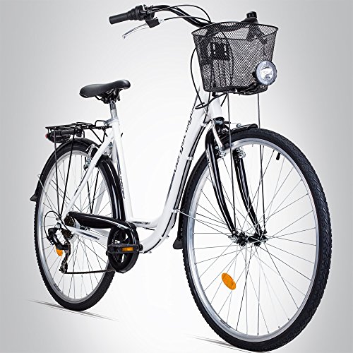 Bergsteiger Florenz 28 Zoll Damenfahrrad, ab 160 cm, Korb, Fahrrad-Licht, Shimano 7 Gang-Schaltung, Standlichtfunktion, Damen-Citybike, Damenrad im Retro-Design