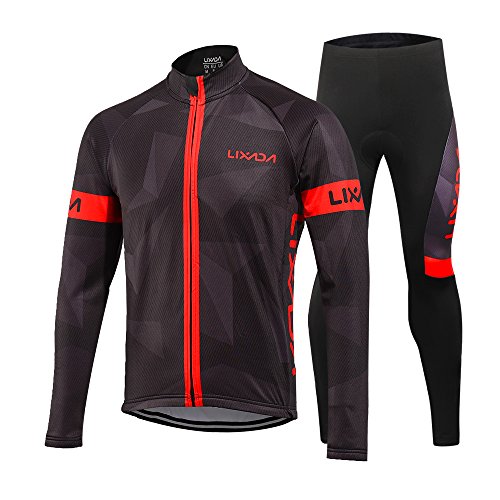 Lixada Radtrikot Fahrradbekleidung Set Langarm Winddicht Herren Winter Thermische Fleece mit 3D Polster Hosen (M, Rot)