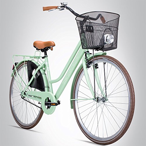 Bergsteiger Amsterdam 28 Zoll Damenfahrrad, ab 150 cm, Korb, Fahrrad-Licht, Damen-Citybike mit Rücktrittbremse, Hollandrad im Retro-Design