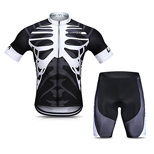 Lixada Herren Radtrikot Set, Atmungsaktiv Quick-Dry Kurzarm Radsport-Shirt + Gel Gepolsterte Shorts, (Schwarz&Weiß, L)