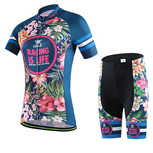 Ateid Damen Radtrikot Set Kurzarm mit Radhose Blumen XL